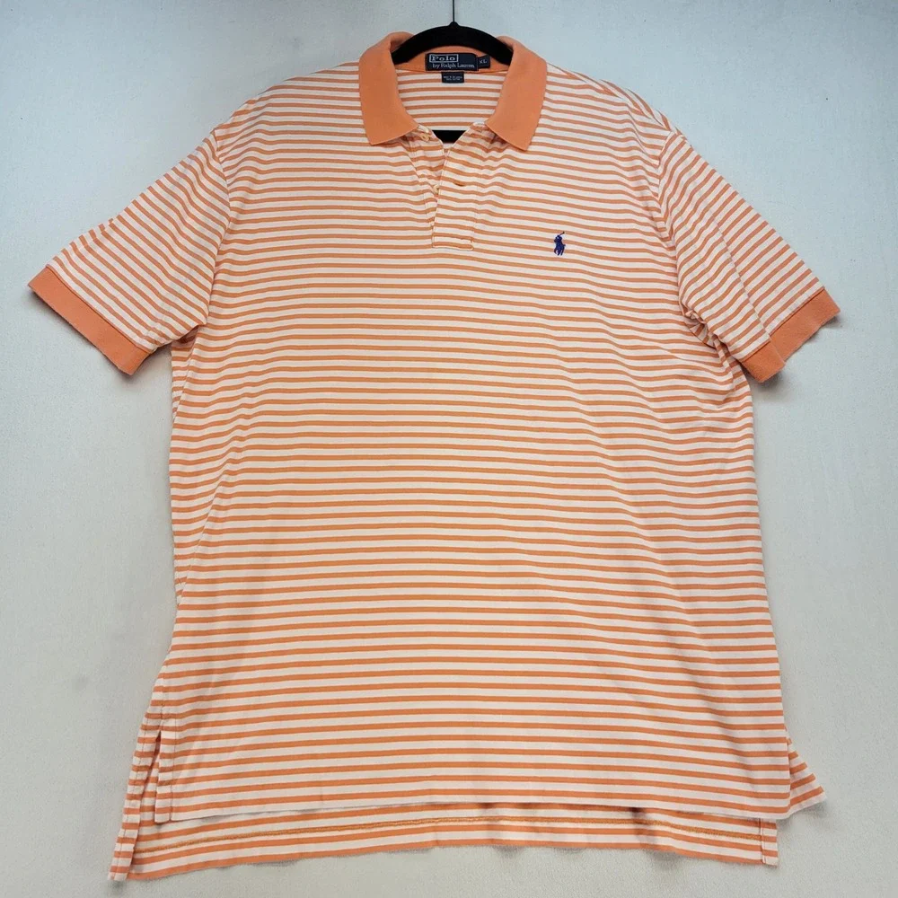 Polo Ralph Lauren Polo Shirt Mens XL Orange Striped Short Sleeve Pony Logo